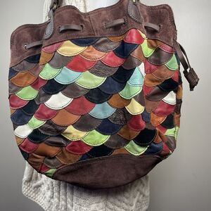 Lucky Brand Vintage Inspired Colorful Genuine Suede Leather Tote Bag 70s Boho